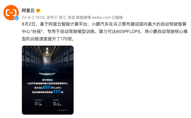 幼鹏建成中国最大自动驾驶智算中心“扶摇”，，，，，主题模型训练时长从7天缩短至1幼时